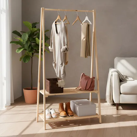 Arara Closet P/ Quarto Com Cabideiro E Prateleira Em Madeira Marrom-claro