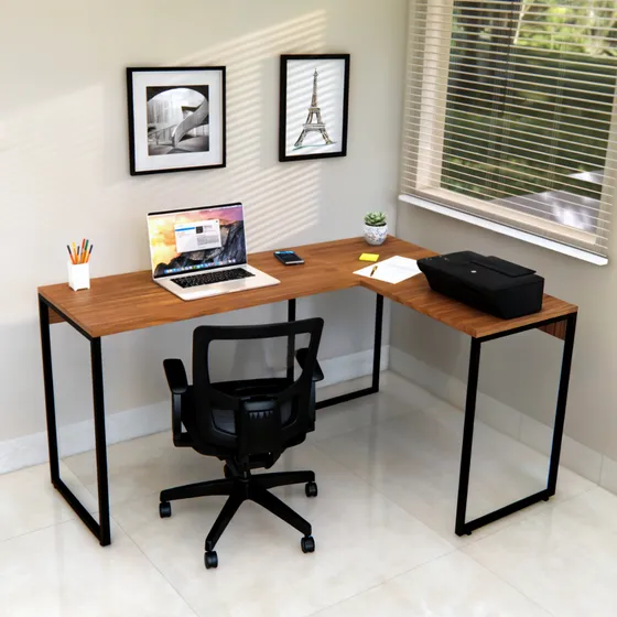 Mesa Em L Escrivaninha Industrial De Canto 130cm Mdf Aço Smd