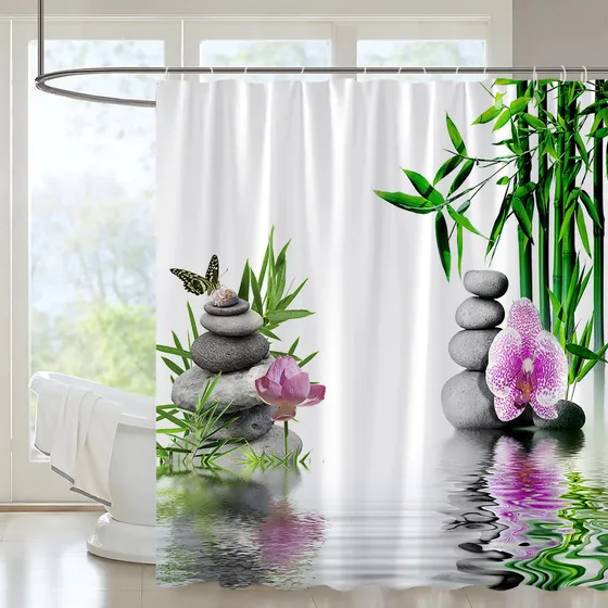 Nsnaba Cortina Ducha Spa Bambu Verde Phalaenopsis Flor Agua