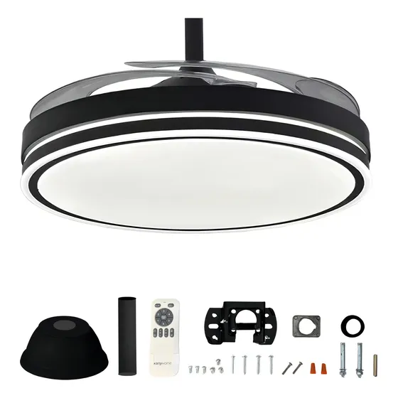Ventilador De Techo Kanji Retráctil Negro 4 Aspas 6 Velocidades Luz Calida Natural Fria