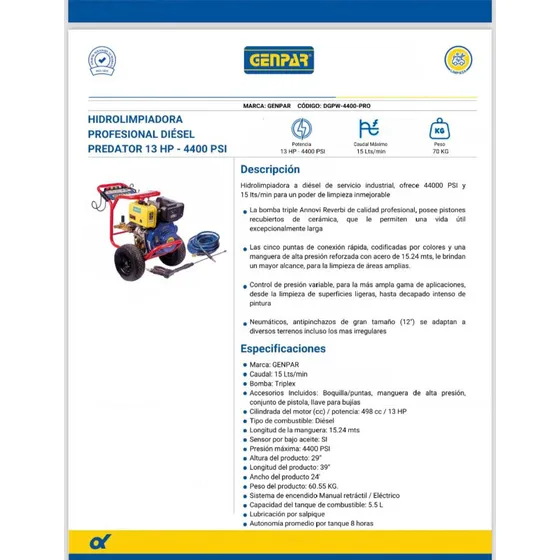 Hidrolavadora/hidroyet 13hp 4.400psi Gasoil. Genpar .