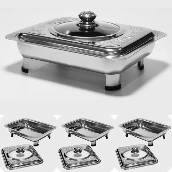 4 Rechaud Inox Leve Travessa Com Tampa Transparente Buffet