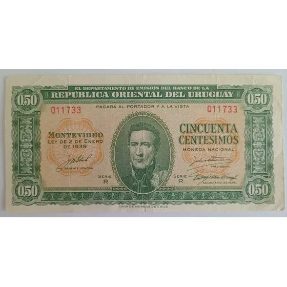 Cédula De 50 Centésimos Do Uruguai 1939 -  Mbc 2