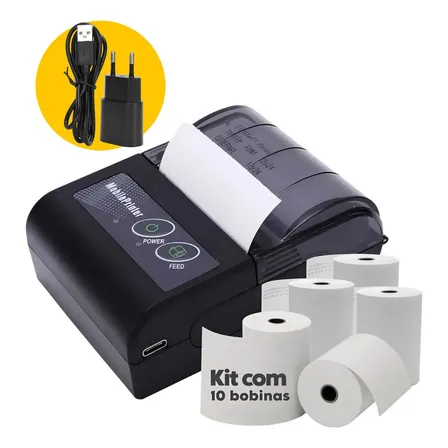Mini Impressora Portatil Bluetooth Premium Kit C/ 10 Bobinas Pequena Aplicativo Pedidos Qr Code Iget