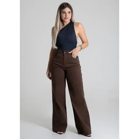 Calça Sarja Feminina 280133 Wide Leg Barra Simples Sawary Marrom Liso 42