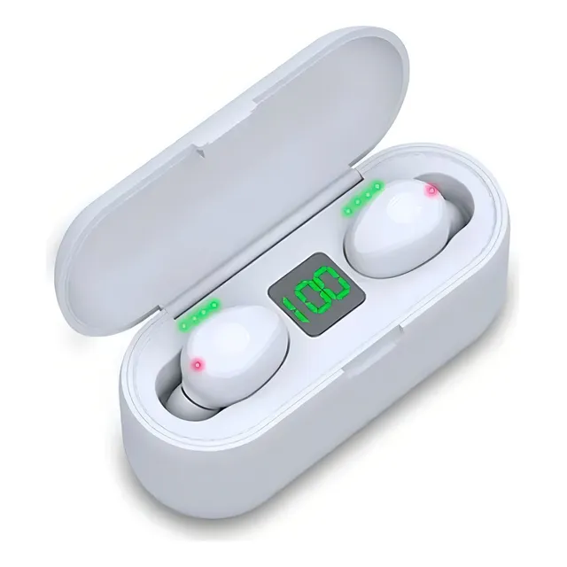 Auriculares F9 Tws 5.0 Inalámbrico Bluetooth Touch Digital Color Blanco Luz Verde