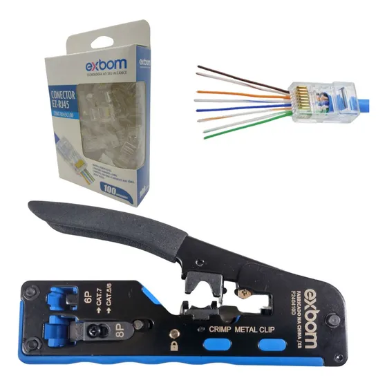 Exbom Alicate crimpagem rj45 + 100 conector ez rj45 passagem