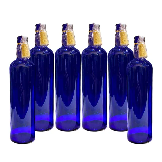 6 Botellas Vidrio Azul Hoponopono Con Corcho Agua Solarizada
