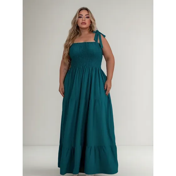Vestido Longo Plus Size Alças De Amarrar E Lastex Soltinho S