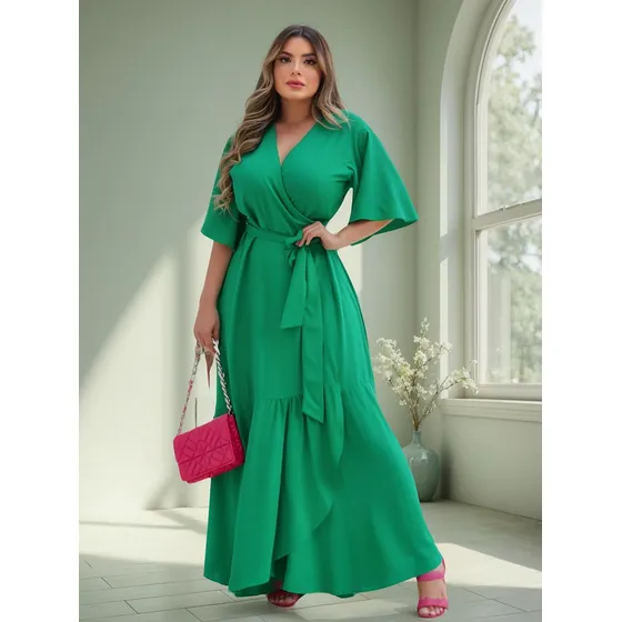 Vestido Envelope Transpassado Plus Size Longo