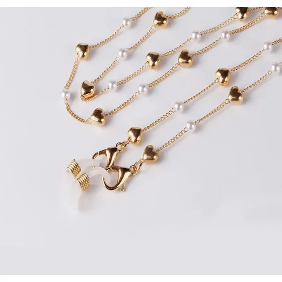 Sujetador De Lentes En Cadena Con Corazones Dorados