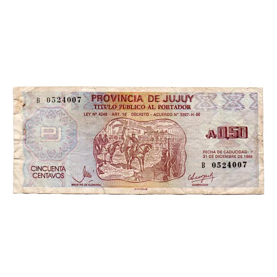Bono De Emergencia Provincia Jujuy 50 Centavos Austral 1986