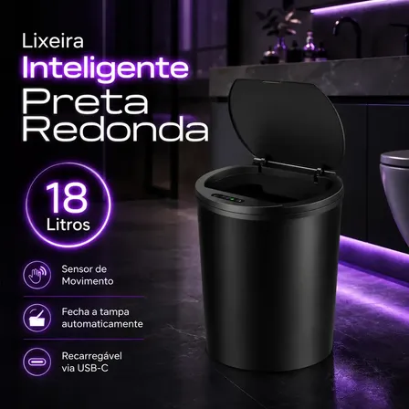 Lixeira Inteligente Sensor Automático 16l Recarregável Smart Banheiro Cozinha Compacta Preto