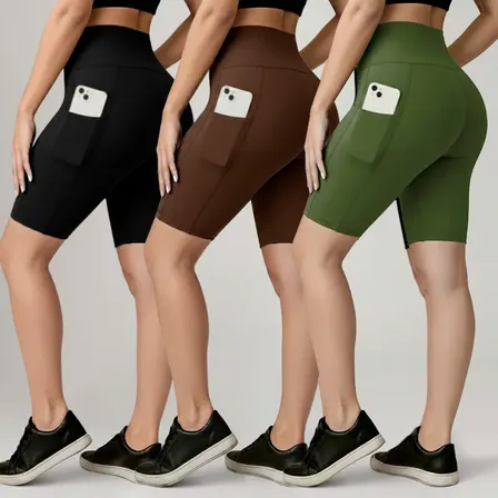 Kit 3 Shorts Legging Feminino Bermuda Cintura Alta Com Bolso