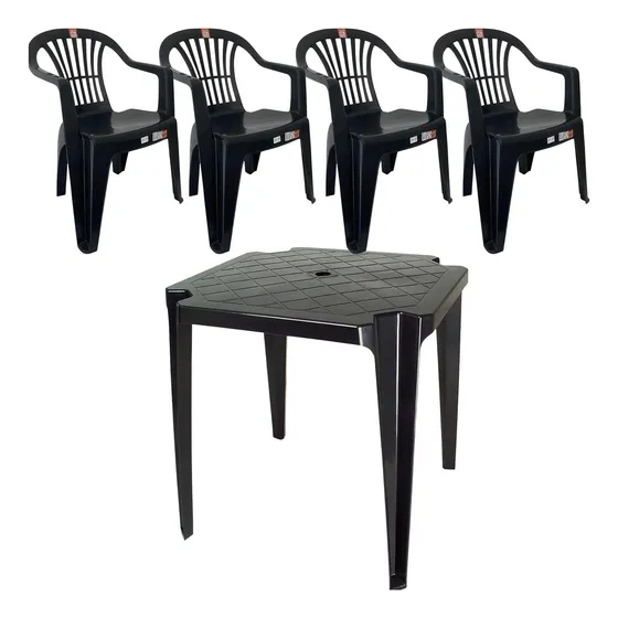 Kit Mesa 4 Cadeiras Plastica Preta Branca Festa Salão Bar Cor Preto Desenho Do Tecido Das Cadeiras Liso