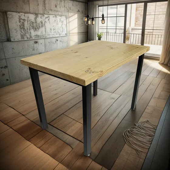 Mesa De Comedor Con Cubierta De Pino Natural Y Base De Acero Barniz Natural Negro