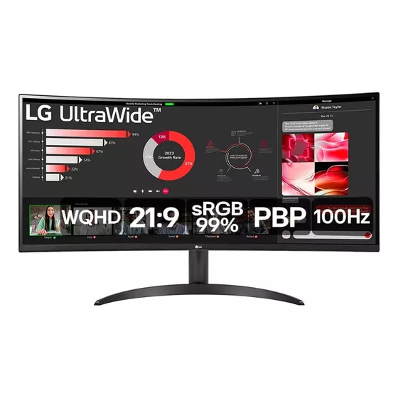 Monitor LG UltraWide™️ Curvo – Tela VA de 34”, WQHD 3440 x 1440, 21:9, sRGB 99%, HDR10, PBP, 100Hz, AMD FreeSync™️ - 34WR50QC-B