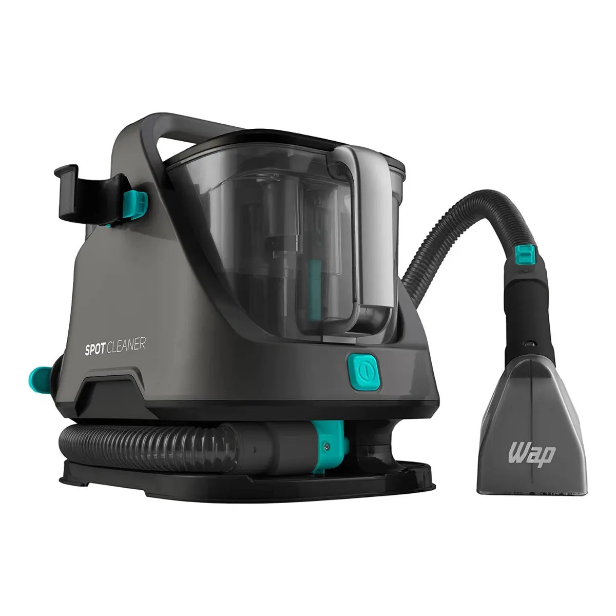 Extratora e Higienizadora Portátil WAP Spot Cleaner W2 na cor cinza com detalhes em azul turquesa, exibindo o bico extrator e a mangueira flexível