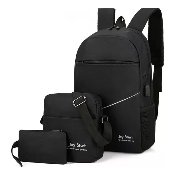 Set Mochila Para Notebook Con Morral Y Neceser Incluye Usb Color Negro