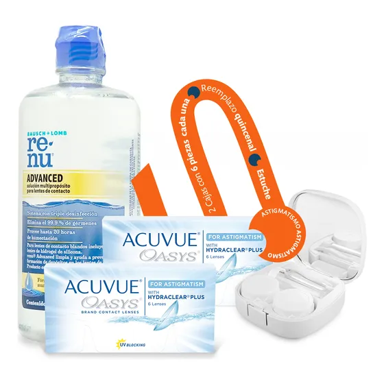Combo Lentes de Contacto para Astigmatismo Acuvue Oasys Torico Johnson & Johnson 2 cajas con 6 Quincenal Tecnología Hydraclear Plus Incluye Solucion Renu Advanced 355ml y Estuche Optioutlet