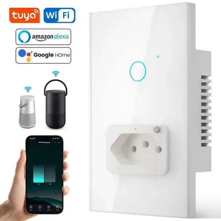 Interruptor Inteligente 1 Botão Touch Com Tomadas 10a Automação Touch Alexa Touch Tuya Smart Life Google Home Aligenie Yandex Alice Smart Automação Wifi 2.4ghz Rf433 Bluetooth 100-240v Forestory
