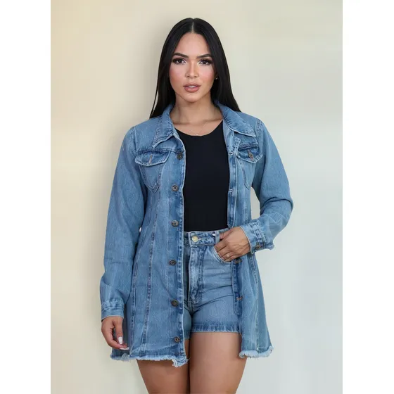 Jaqueta Jeans Feminina Max Parka Destroyed Longa Rasgada