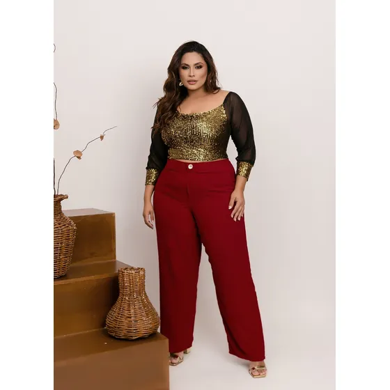 Conjunto Plus Size Calça E Cropped Paetê Tule