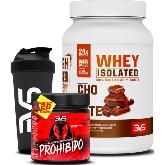 100% Whey Isolado 900g + Pré Treino Prohibido 360g + Shaker Sabor Chocolate