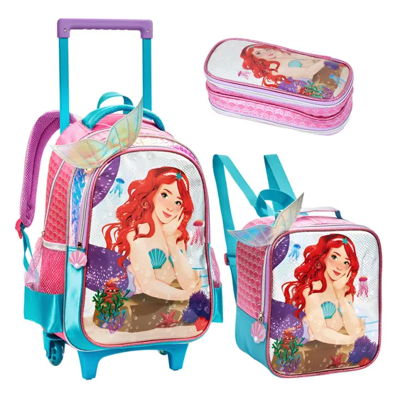 Kit Mochila Infantil Escolar Menina Sereia Com Rodinhas