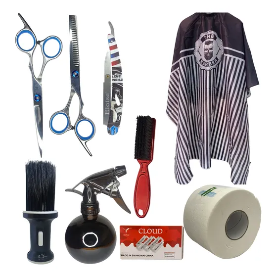 Kit Barberia Peluqueria Capa Ganchos + Tijeras + Navaja