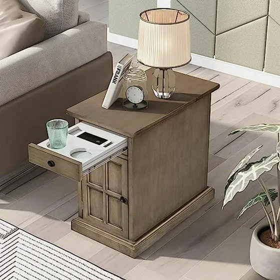 Mesa Lateral Vintage Con Cajón Y Puertos Usb - Muebles Antig