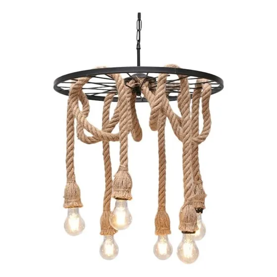Lampara Colgante De Cañamo Rustica 6 Luces E27 Vintage