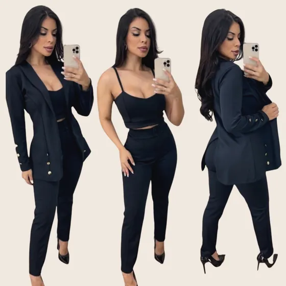 Conjunto 3 Peças Max Blazer Cropped Calça De Alfaiataria