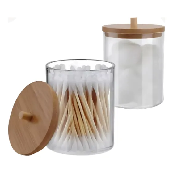 Kit 2 Porta Cotonete Algodão Acrílico Tampa Bambu Multiuso