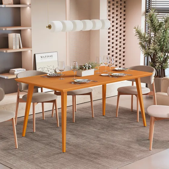 Mesa De Jantar 6 Lugares Tampo Mdf 160x90 Pes Madeira Freijo