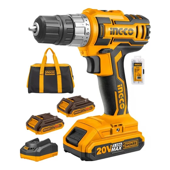 Ingco CDLI2002 Amarillo Taladro Atornillador Inalámbrico Industrial 20V 10mm + 2 Baterías 2AH + Cargador