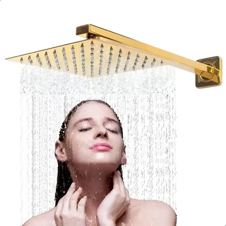 Ducha Chuveiro Aço Inox 20x20cm Slim Quadrada Gold Com Braço 40cm Solar Gás Soft Inox Dourado Brilhante