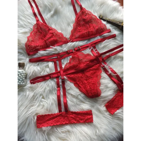 Conjunto Melissa Encaje Lencería Bralette Hilo Liguero Sexy
