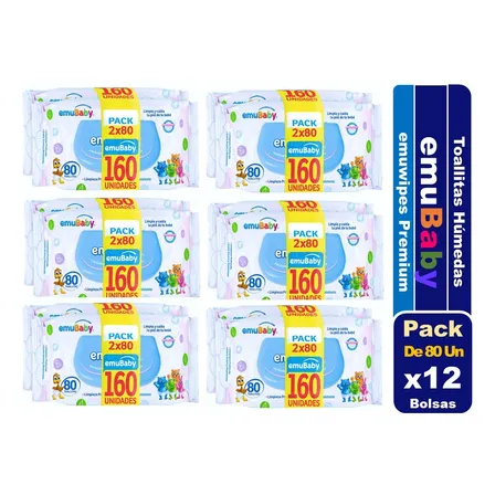 Toallitas Húmedas Emubaby Premium 80 Un C/u Pack X12 Bolsas