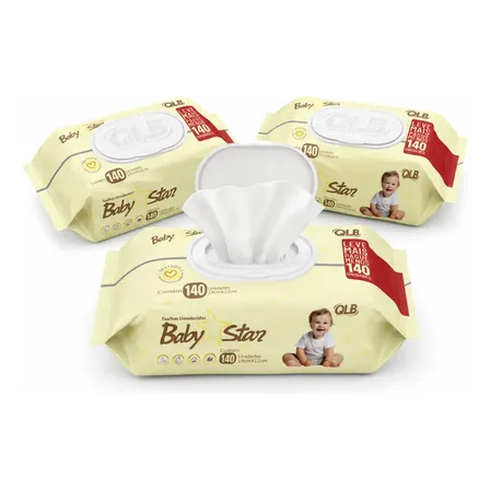 Kit 3 Pacotes Toalhas Umedecidas Baby Star 140 Unidades