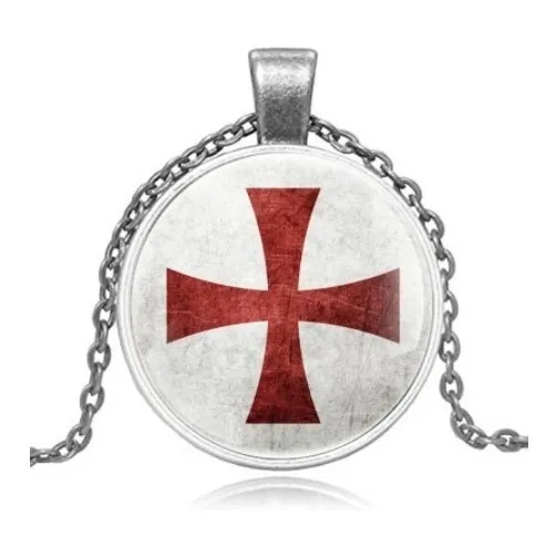 Colar Cruz Dos Templários Prata E Vermelha Cor Prateado