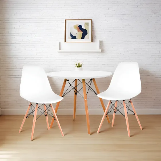 Juego Comedor Eames Mesa Redonda 80cm + 2 Sillas Eames Color Blanco Diseño de la tela de las sillas Liso