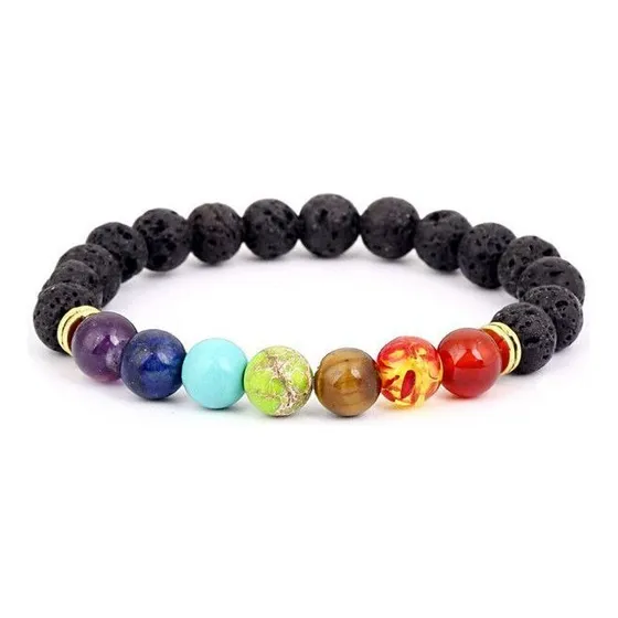 Pulseira De Esfera Lava Vulcânica 7 Cristais Dos Chakras 8mm