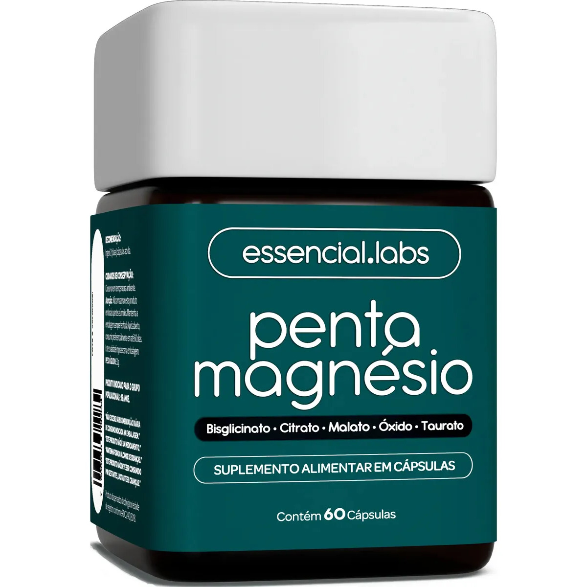 Frasco de suplemento Penta Magnésio da marca Essencial Labs com tampa branca e rótulo verde contendo 60 cápsulas