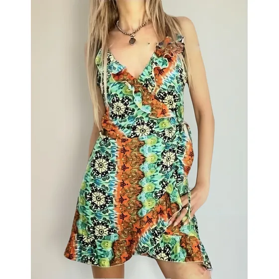 Vestido Solero Cruzado Bretel Fino Con Volados En Contorno
