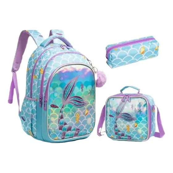Morral Lonchera Y Cartuchera Escamas De Sirena Cian