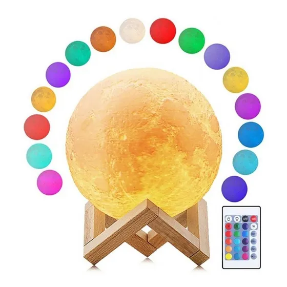 Lampara Luz Luna Led 16 Colores Con Control Remoto Velador Estructura Madera Pantalla Blanco