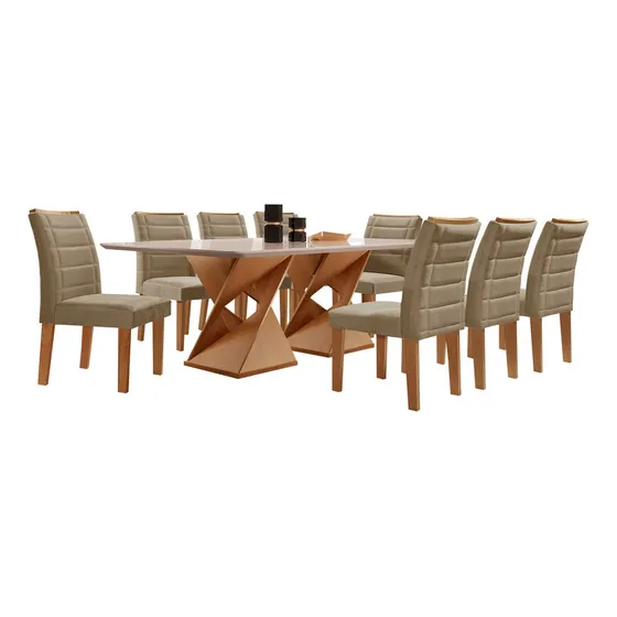 Conjunto Mesa De Jantar Genova Tampo Vidro e Mdf Com 8 Cadeiras Cel Móveis 8 Cor Cinamomo Off White Marrom Claro