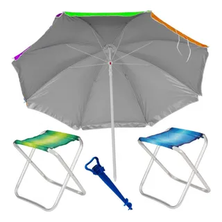 Kit Praia Guarda Sol + 2 Banquetas Dobraveis + Saca Areia Kit Praia Guarda Sol + 2 Banquetas Dobraveis + Saca Areia