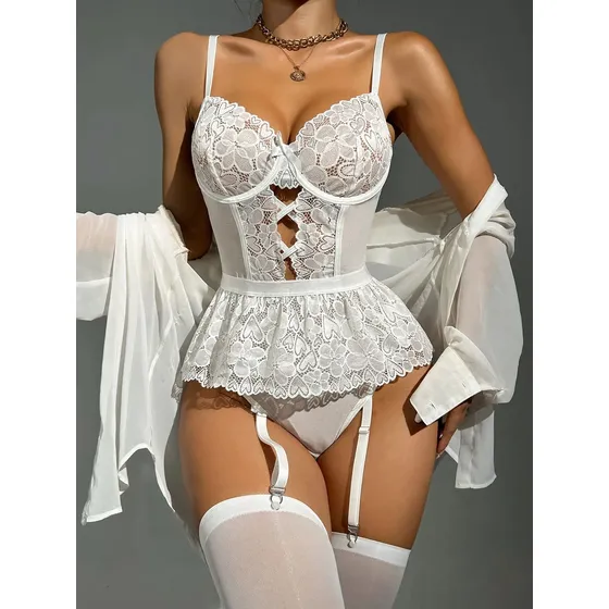 Conjunto Lencería Sexy 3 Piezas Encaje Body-ligas-medias Blanco M